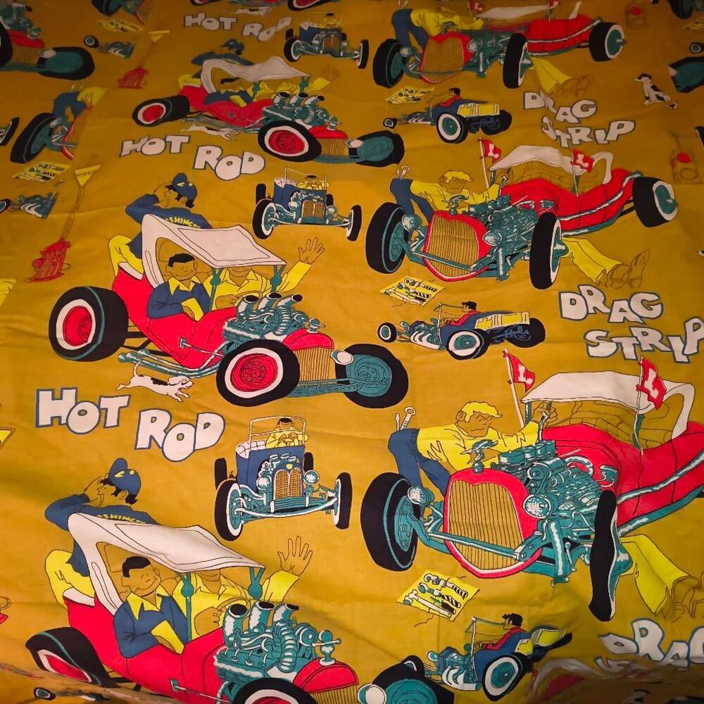 "Screamer Wheels" rat rod cartoon cars & characters on a vibrant yellow backgrou